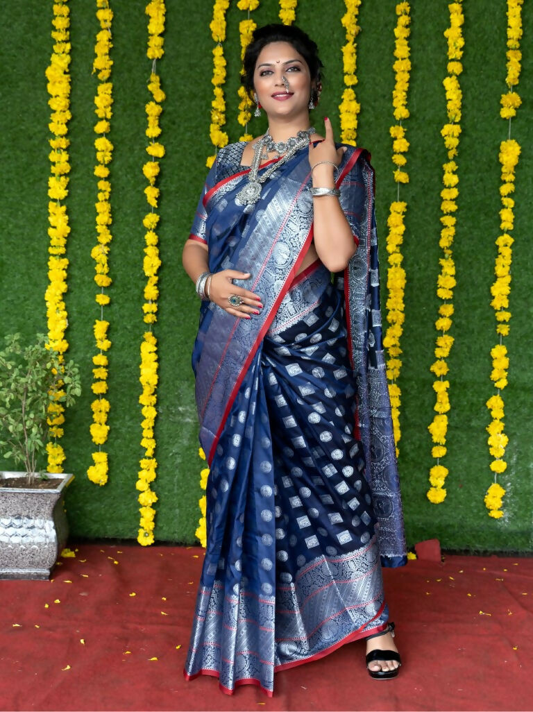 Navy Blue Soft Handloom Silk Zari Woven Saree with Blouse