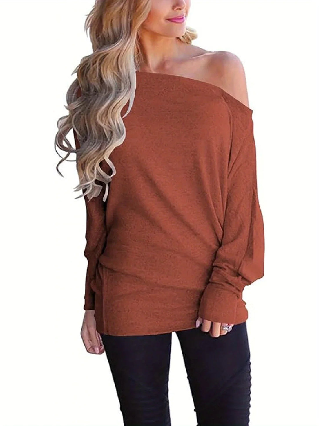 Women's Burgundy Off-Shoulder Long Sleeve Soft Knit T-Shirt - Image 40