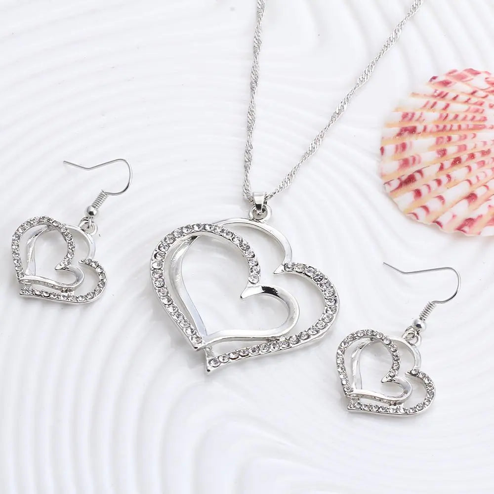 Double Heart Earrings and Necklace Wedding Set