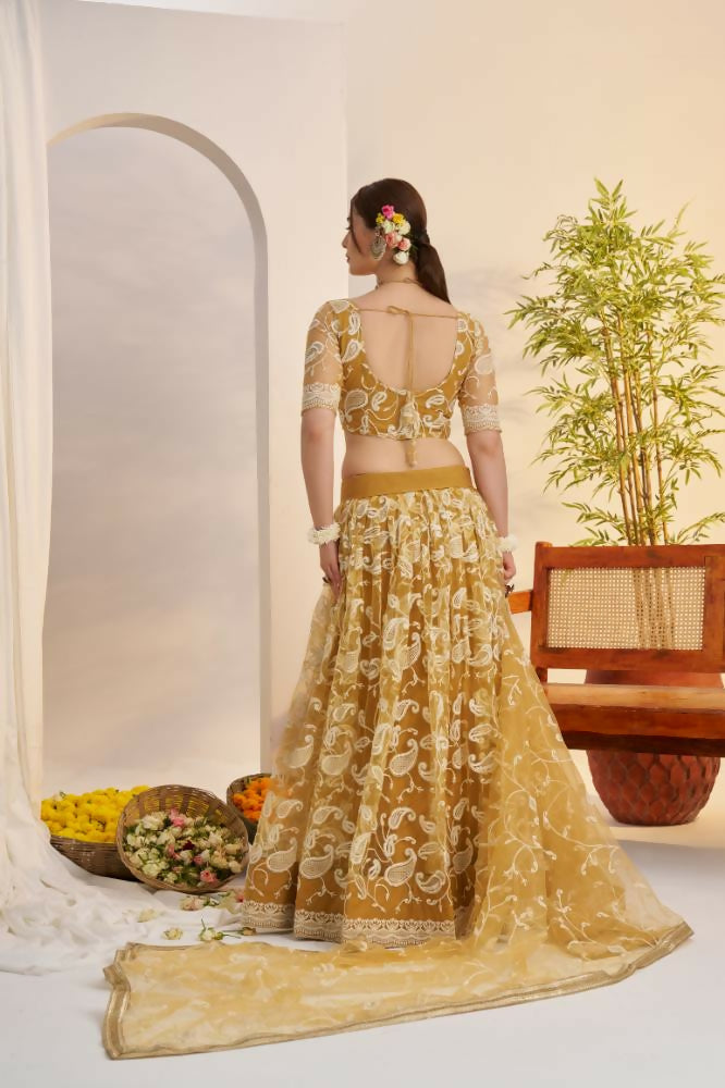 Light Golden Butterfly Net Wedding Lehenga with Cotton Thread Work