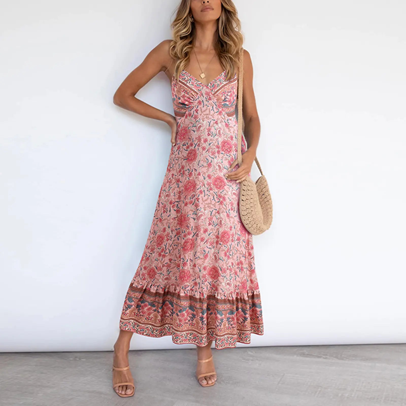Women's Floral Boho V-Neck Midi Dress Casual Summer Beachwear - Image 9