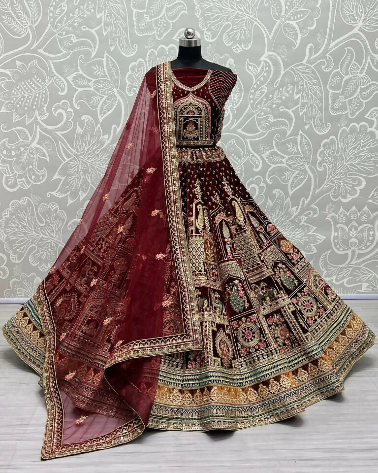 Maroon velvet lehenga choli with diamond work, dori, and sequins