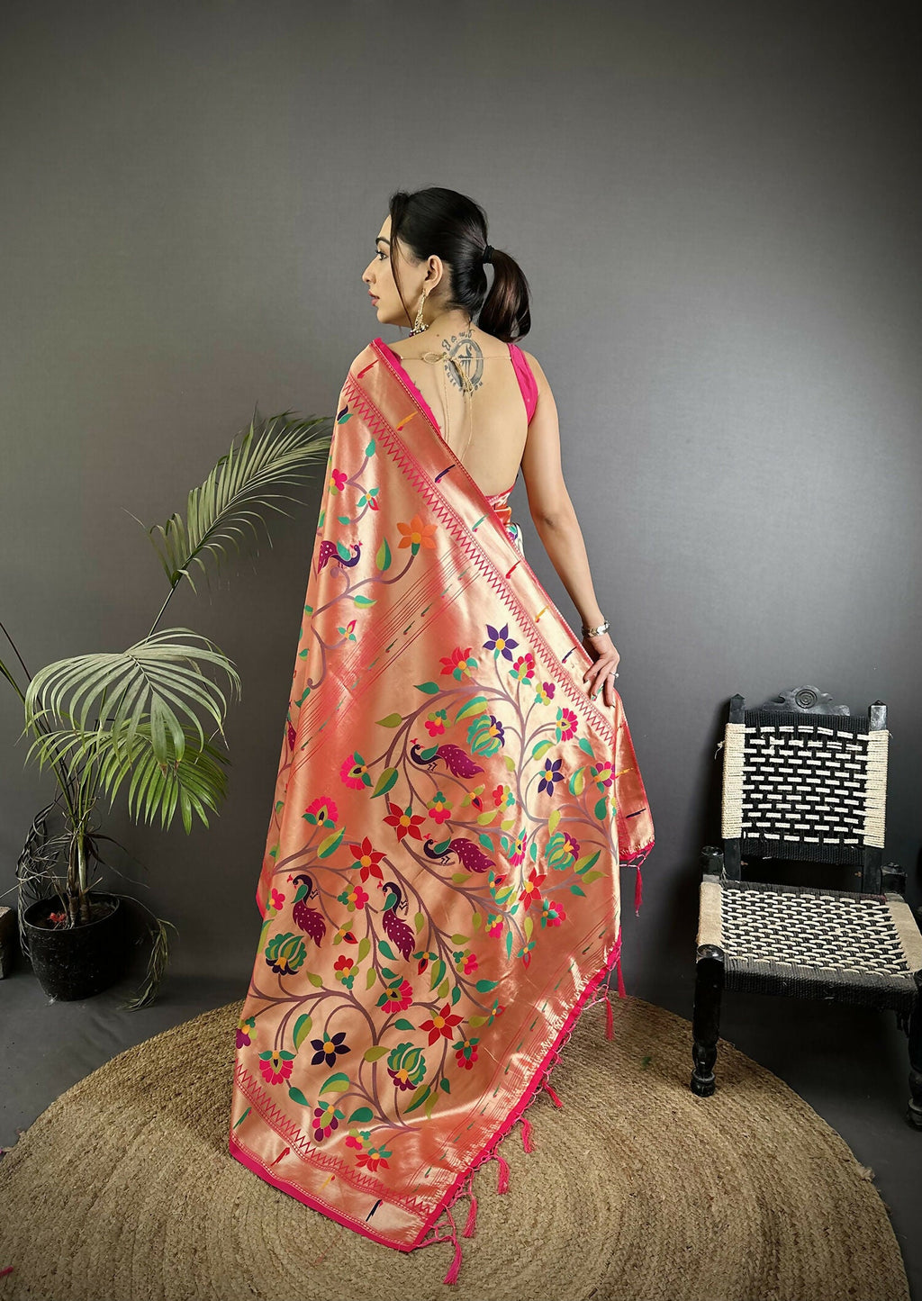 Reddish Pink Peacock and Floral Soft Silk Paithani Saree
