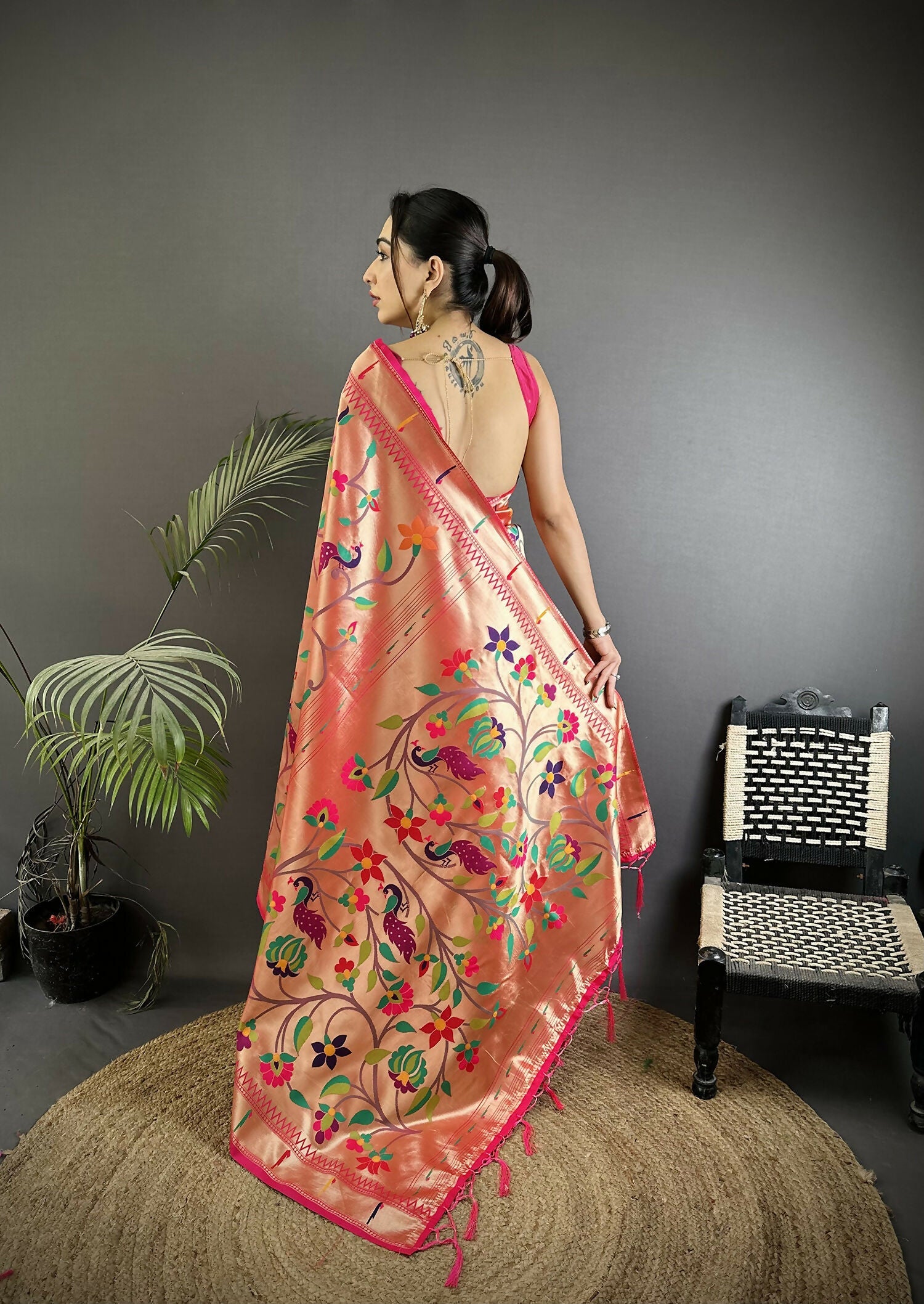 Reddish Pink Peacock and Floral Soft Silk Paithani Saree