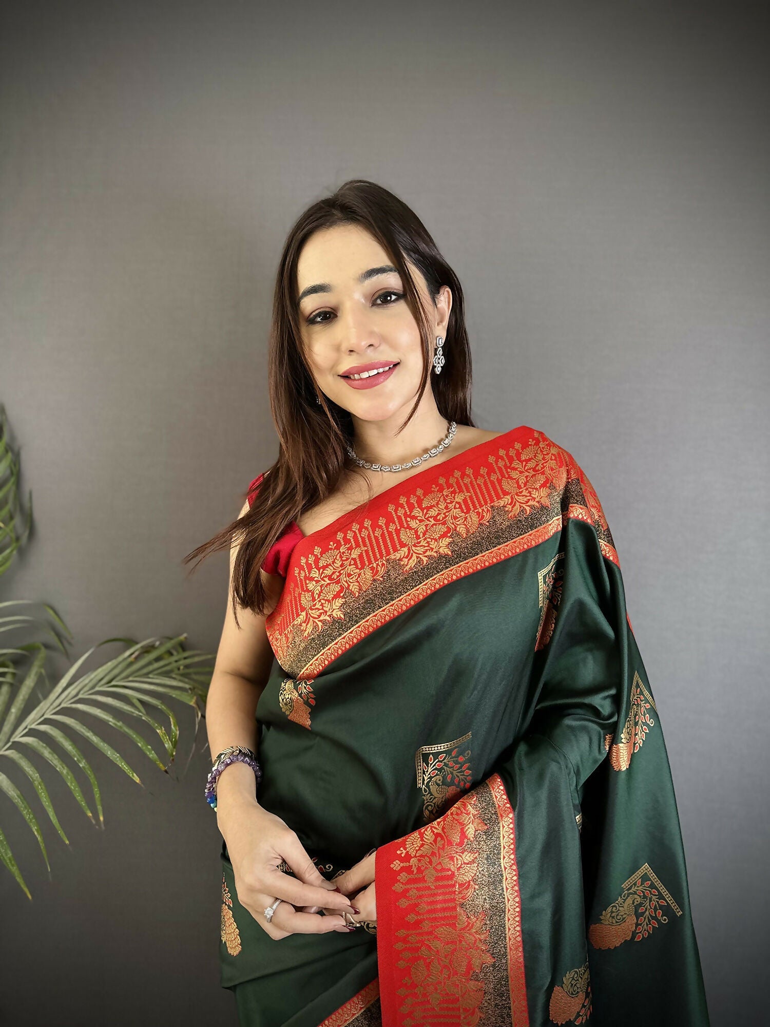 Dark Green Banarasi Soft Silk Peacock Butta Work Saree