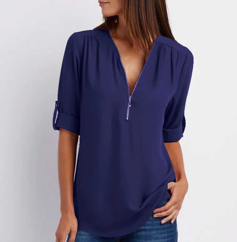 Women's Plus Size V-Neck Zip Chiffon Shirt