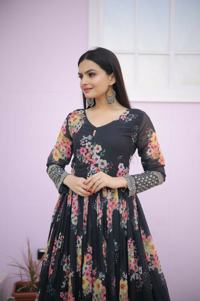 Women's Black Floral Sequence Zari Embroidered Anarkali Dress