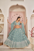 Ocean Blue Butterfly Net lehenga with white thread work and zari embroidery