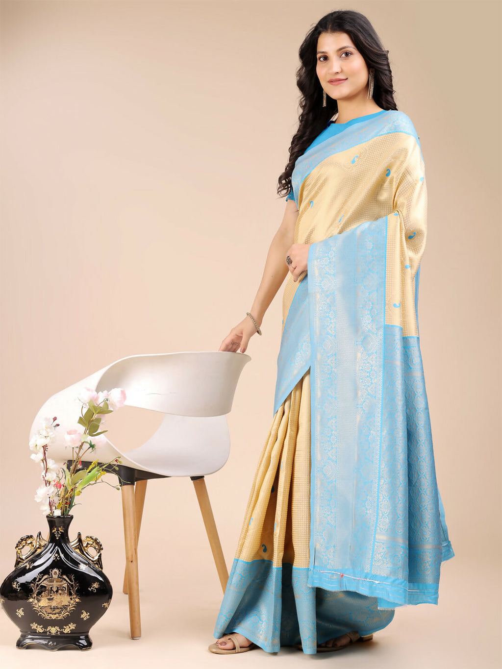 Cream and Sky Blue Banarasi Silk Saree for Elegant Occasions
