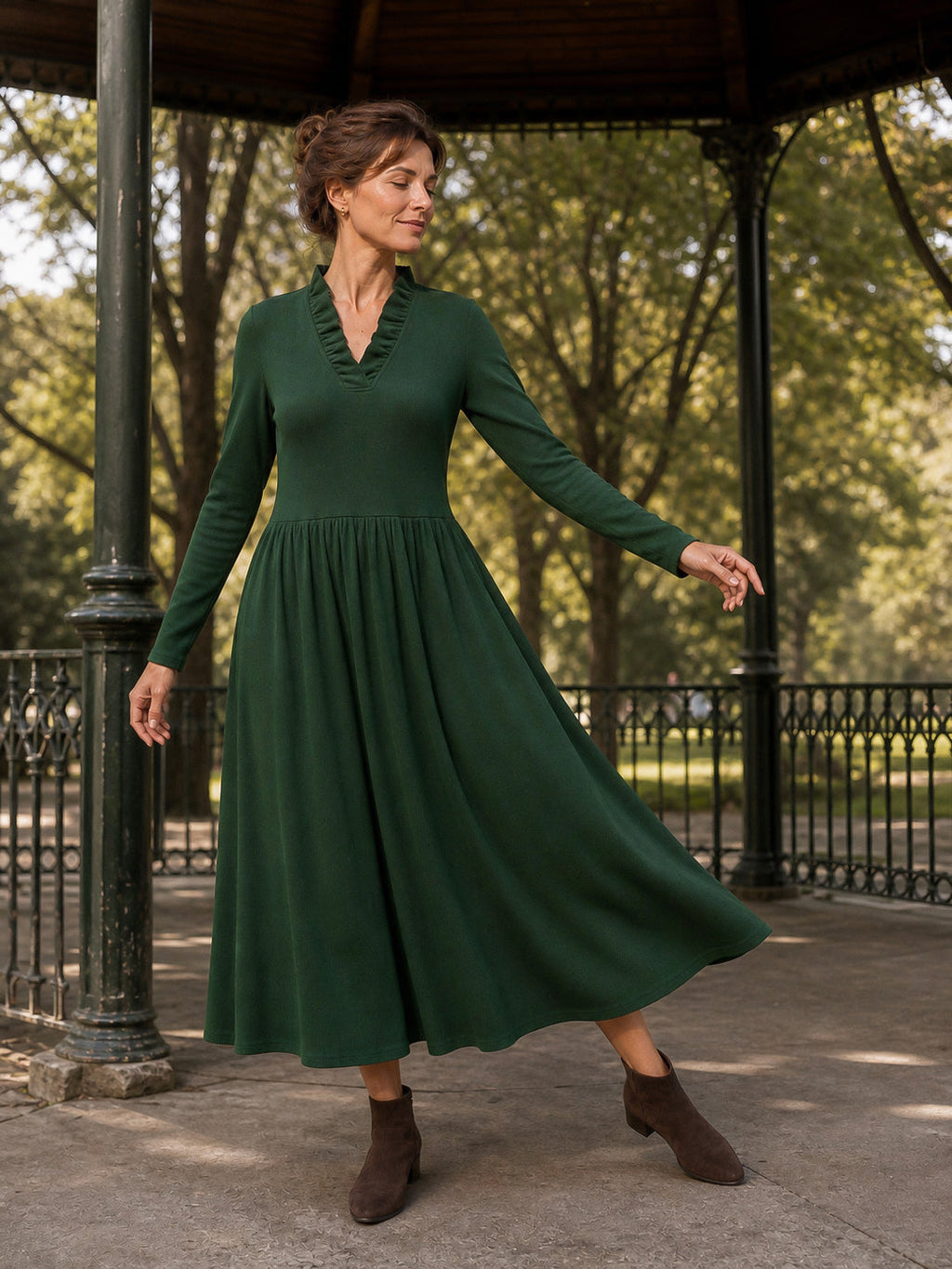 Lyocell Ruffle V Neck Gathered Waist Knit Midi Dress BRIELLE