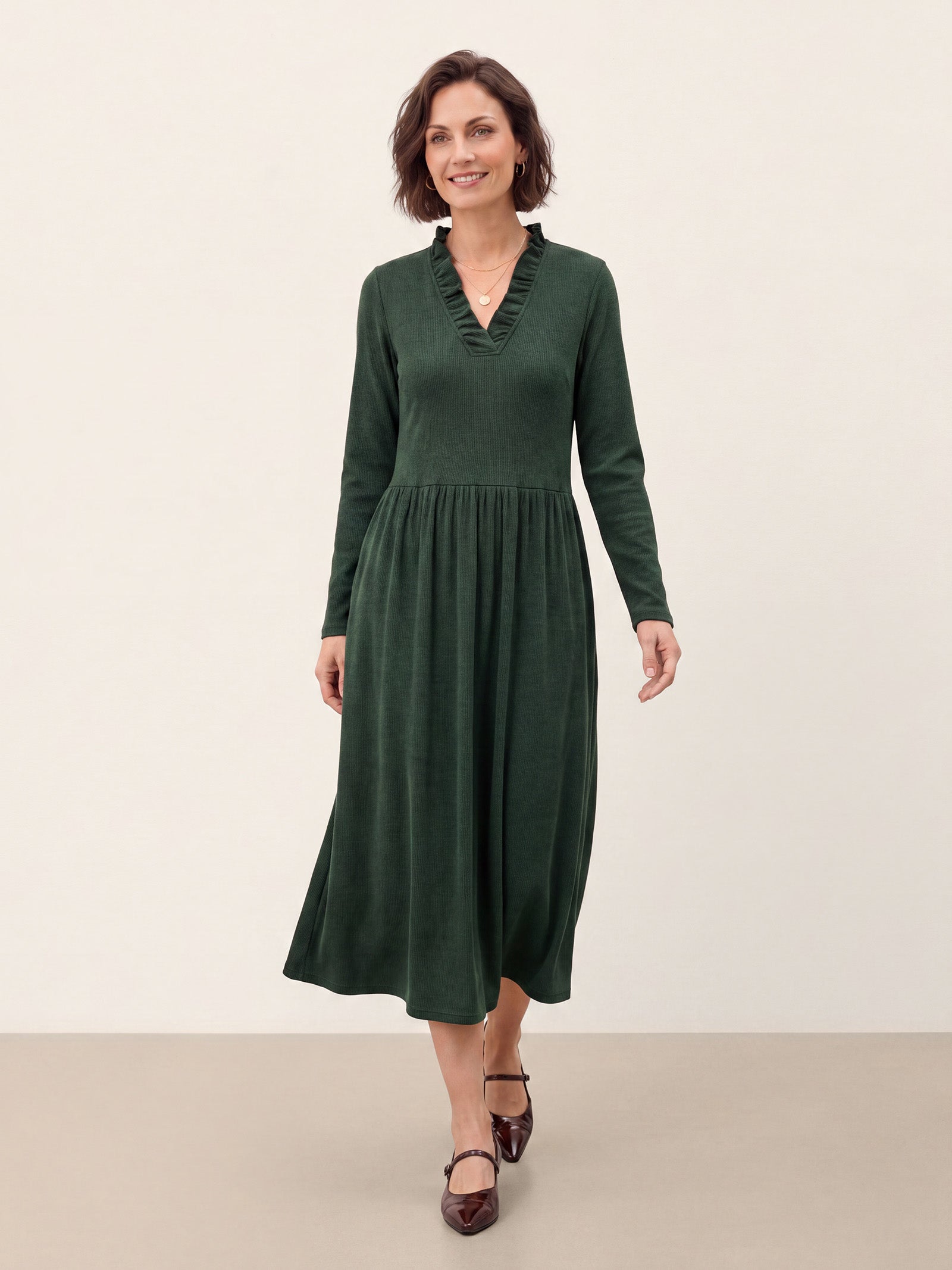 Lyocell Ruffle V Neck Gathered Waist Knit Midi Dress BRIELLE