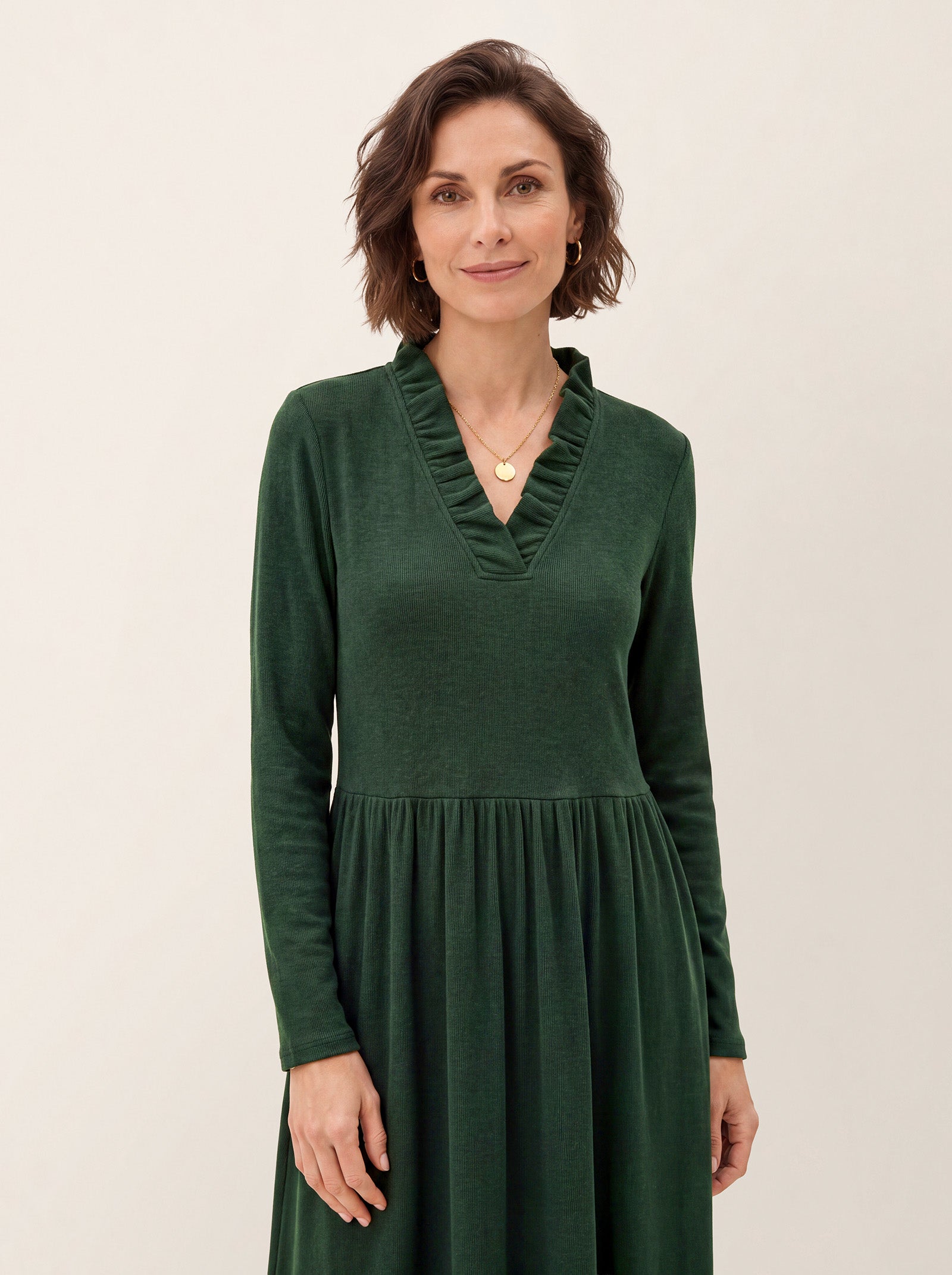 Lyocell Ruffle V Neck Gathered Waist Knit Midi Dress BRIELLE