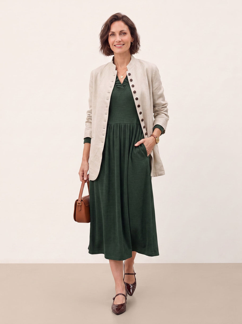 Lyocell Ruffle V Neck Gathered Waist Knit Midi Dress BRIELLE