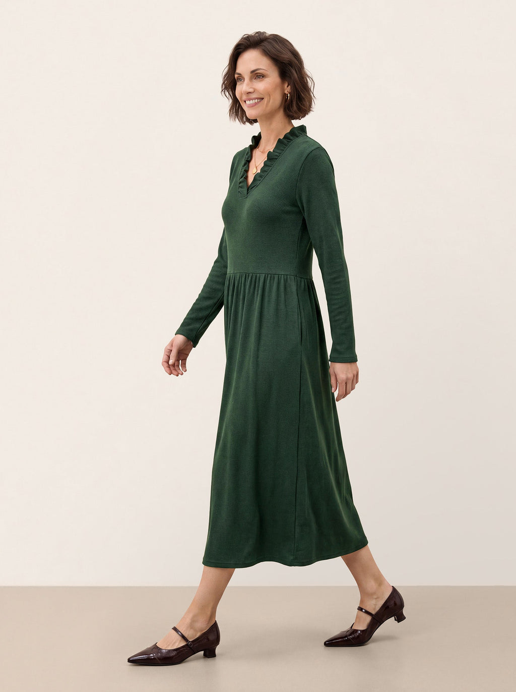 Lyocell Ruffle V Neck Gathered Waist Knit Midi Dress BRIELLE
