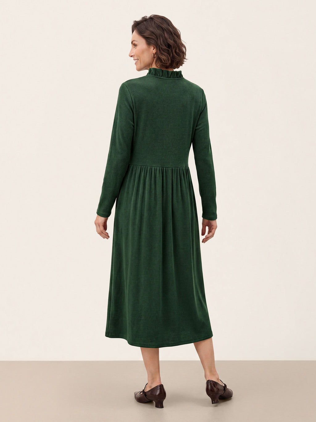 Lyocell Ruffle V Neck Gathered Waist Knit Midi Dress BRIELLE