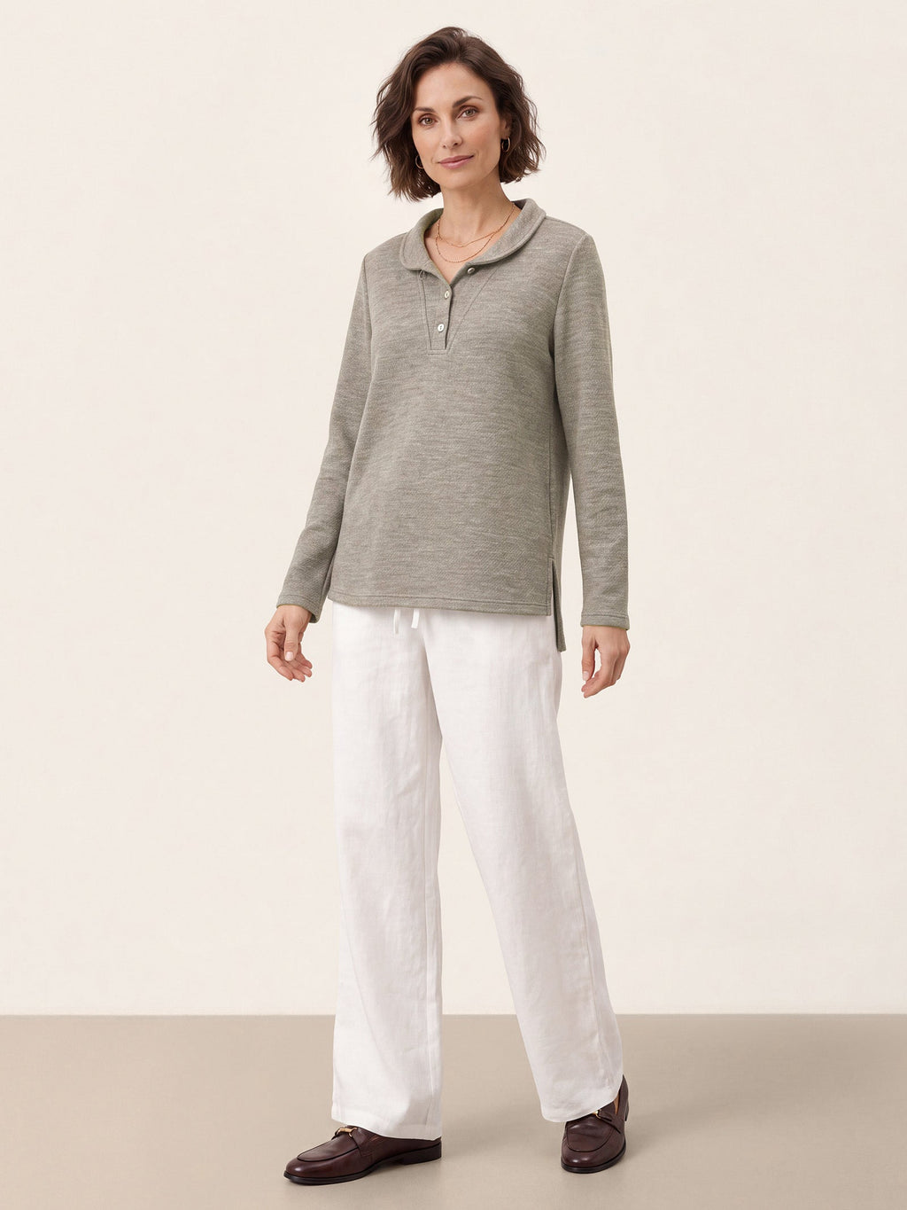 Lyocell Wool Draped Collar Shell Button Knit Top ELIANE