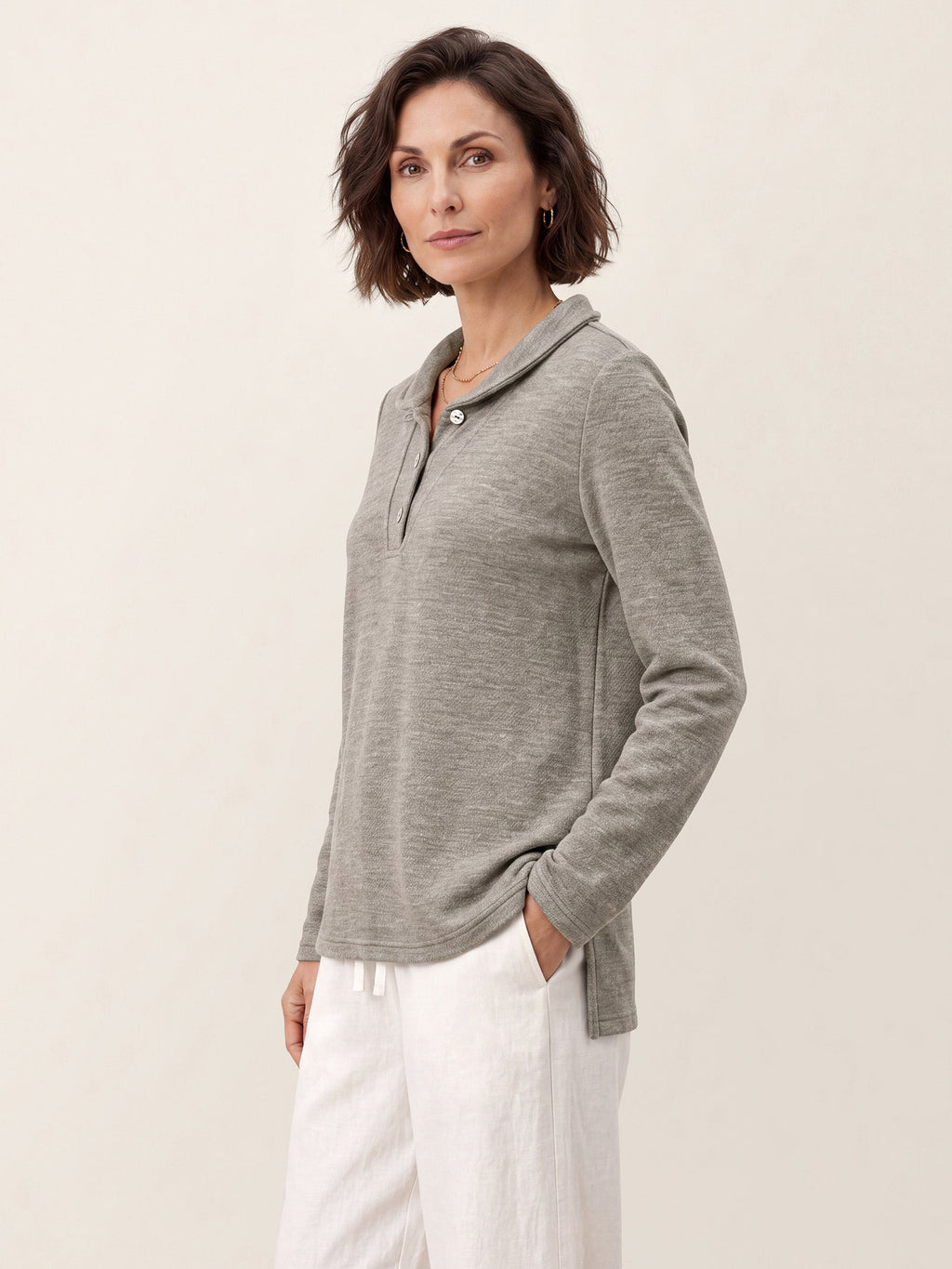 Lyocell Wool Draped Collar Shell Button Knit Top ELIANE