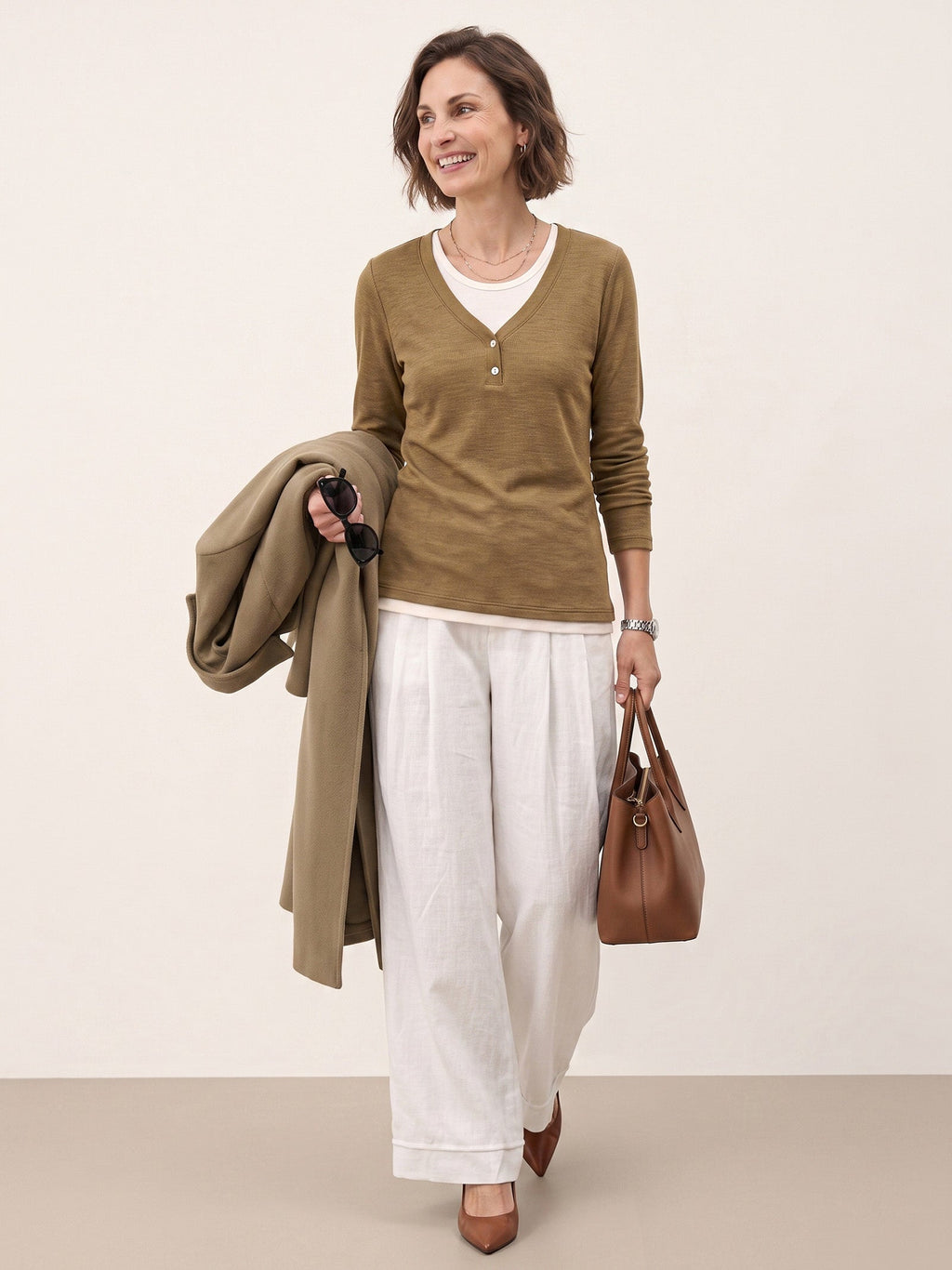 Lyocell Wool Layered Look Button Placket Top SABRINE