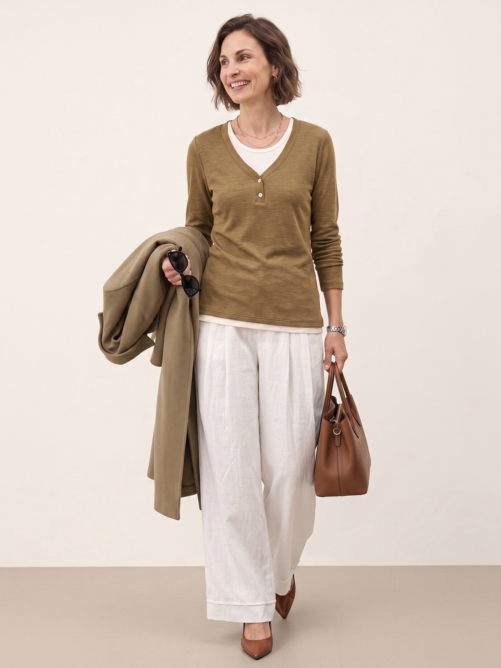 Lyocell Wool Layered Look Button Placket Top SABRINE