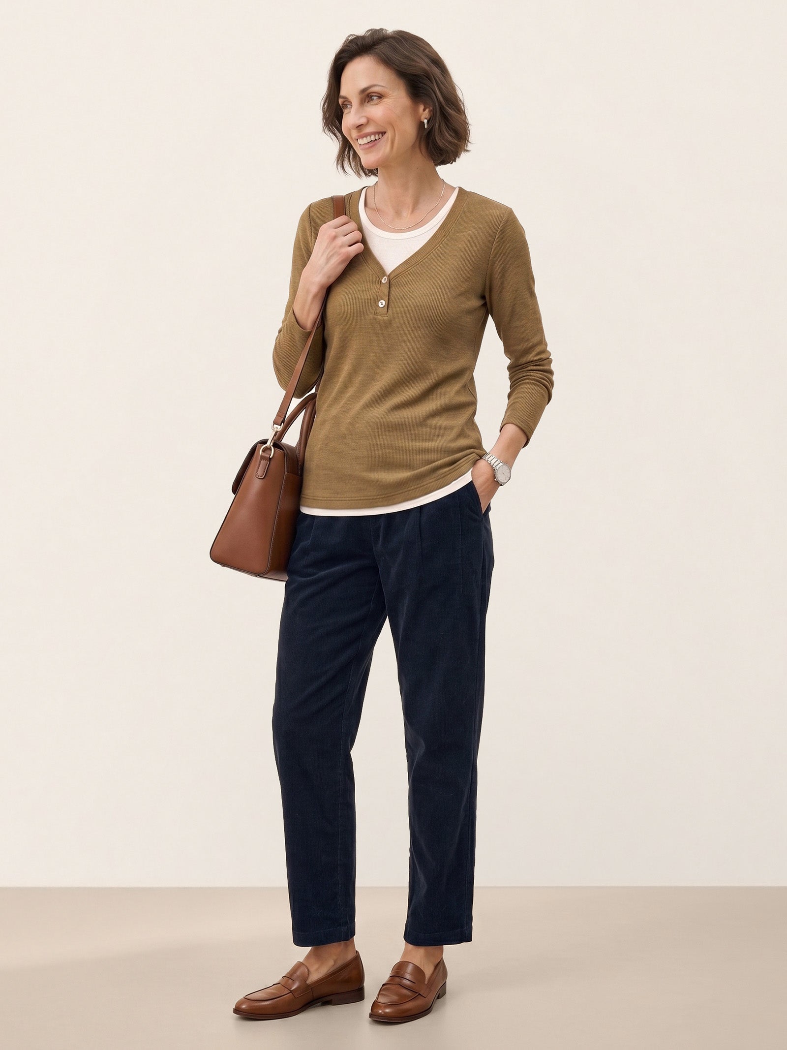 Lyocell Wool Layered Look Button Placket Top SABRINE