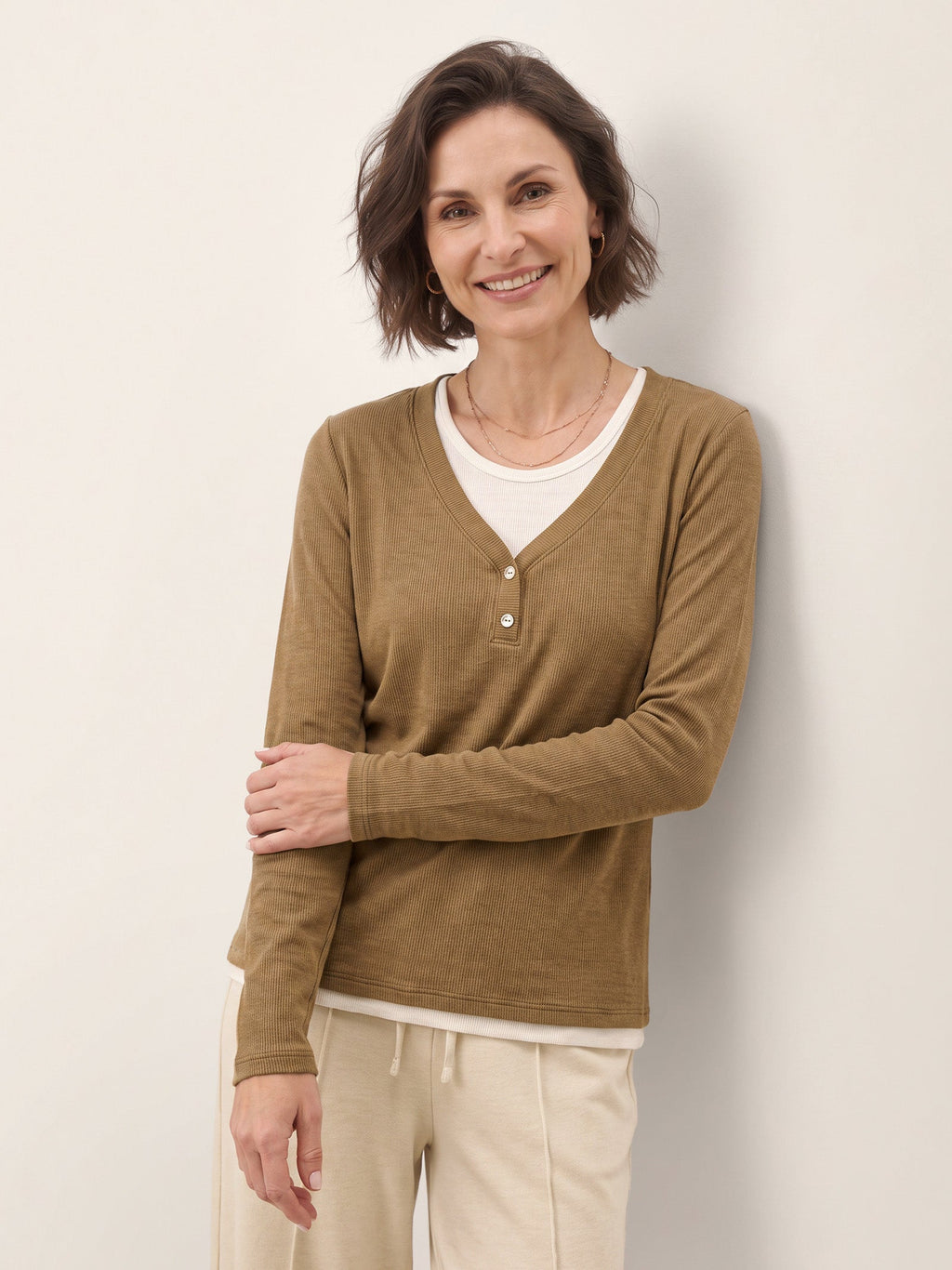 Lyocell Wool Layered Look Button Placket Top SABRINE