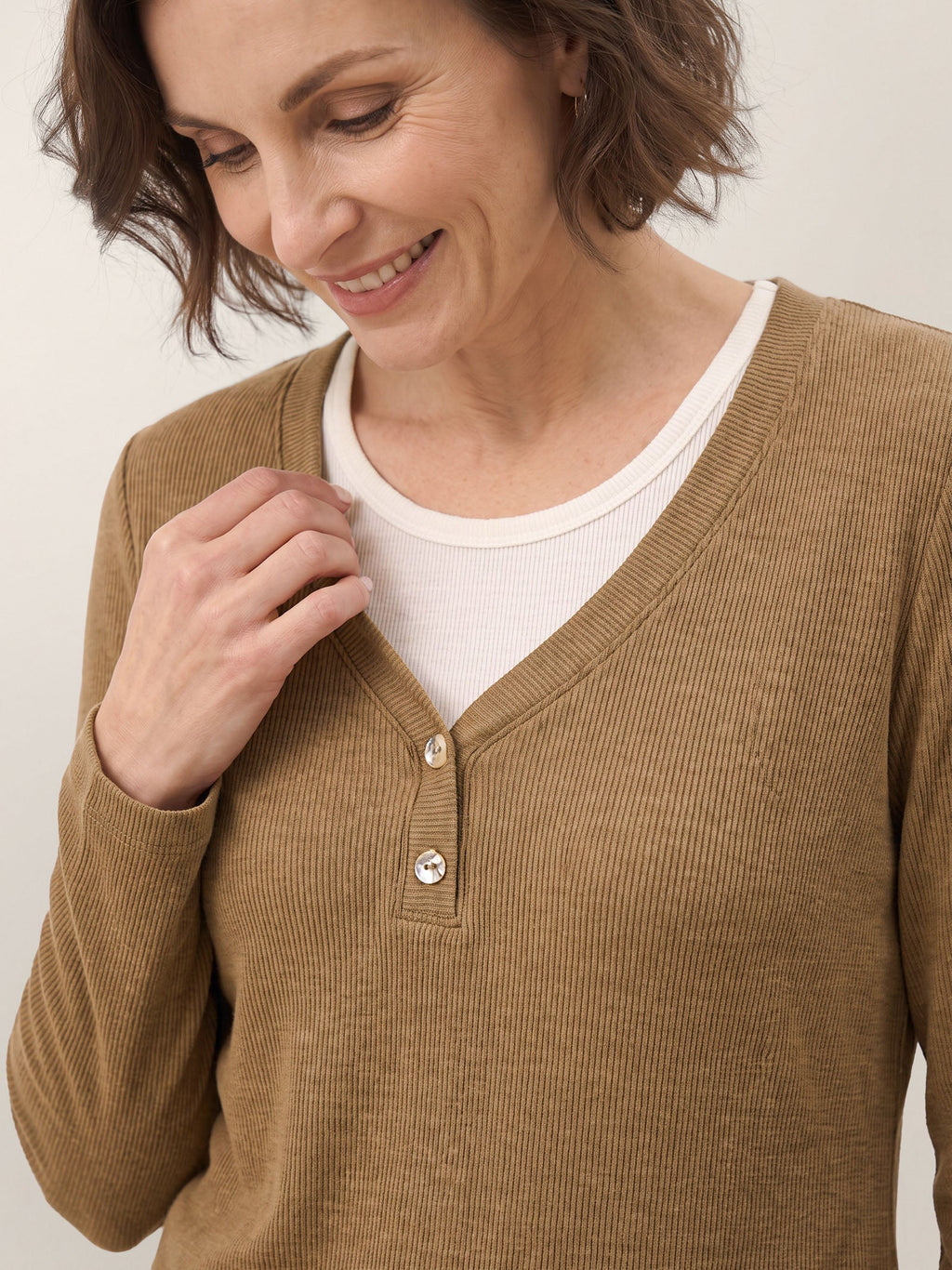 Lyocell Wool Layered Look Button Placket Top SABRINE
