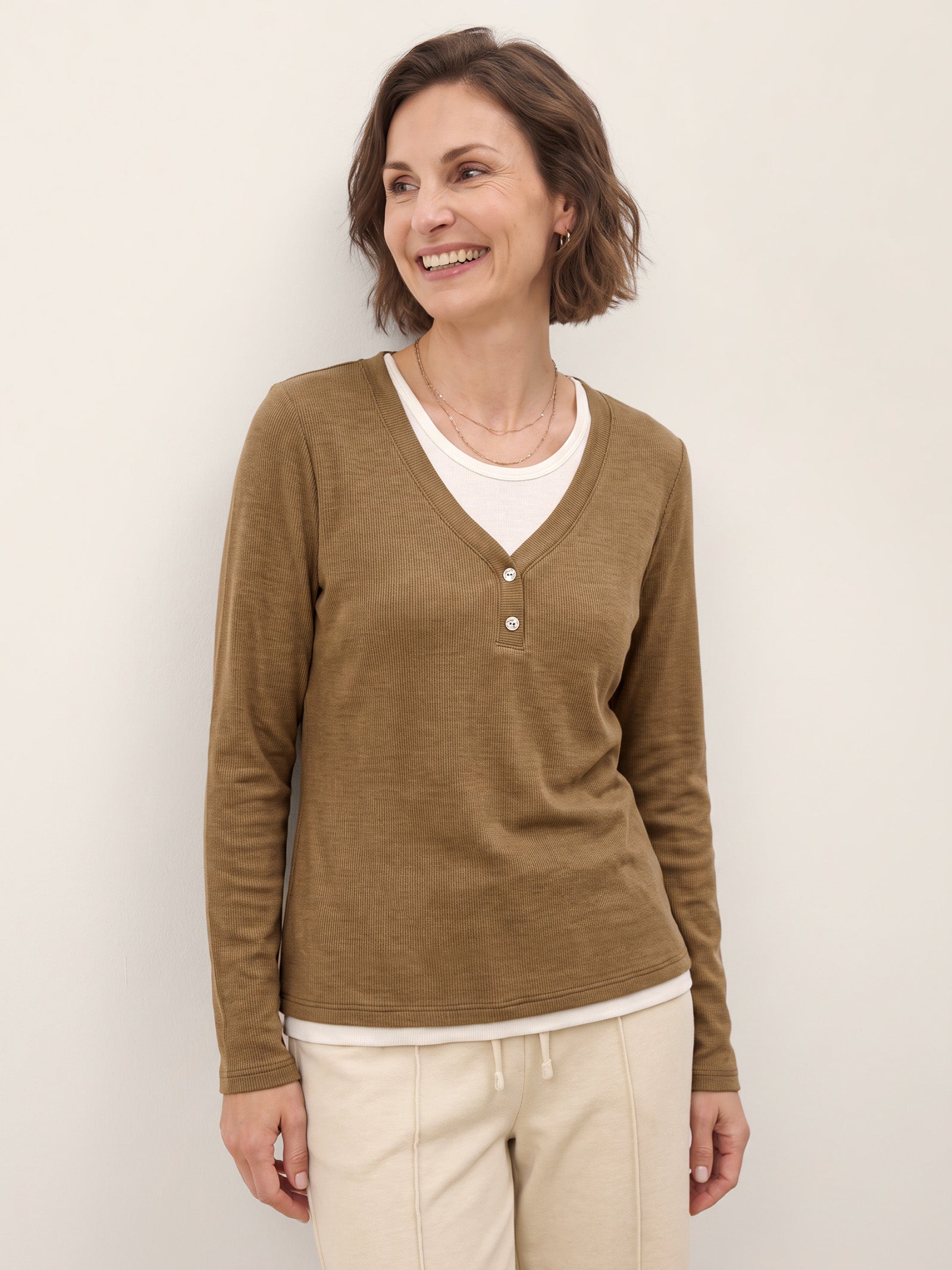 Lyocell Wool Layered Look Button Placket Top SABRINE