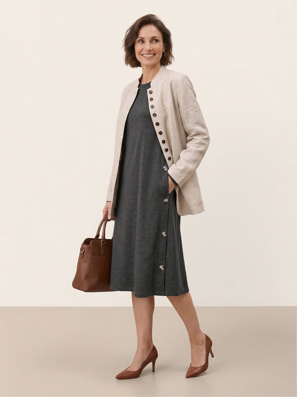 Lyocell Wool Side Button A Line Knit Midi Dress MIRENA