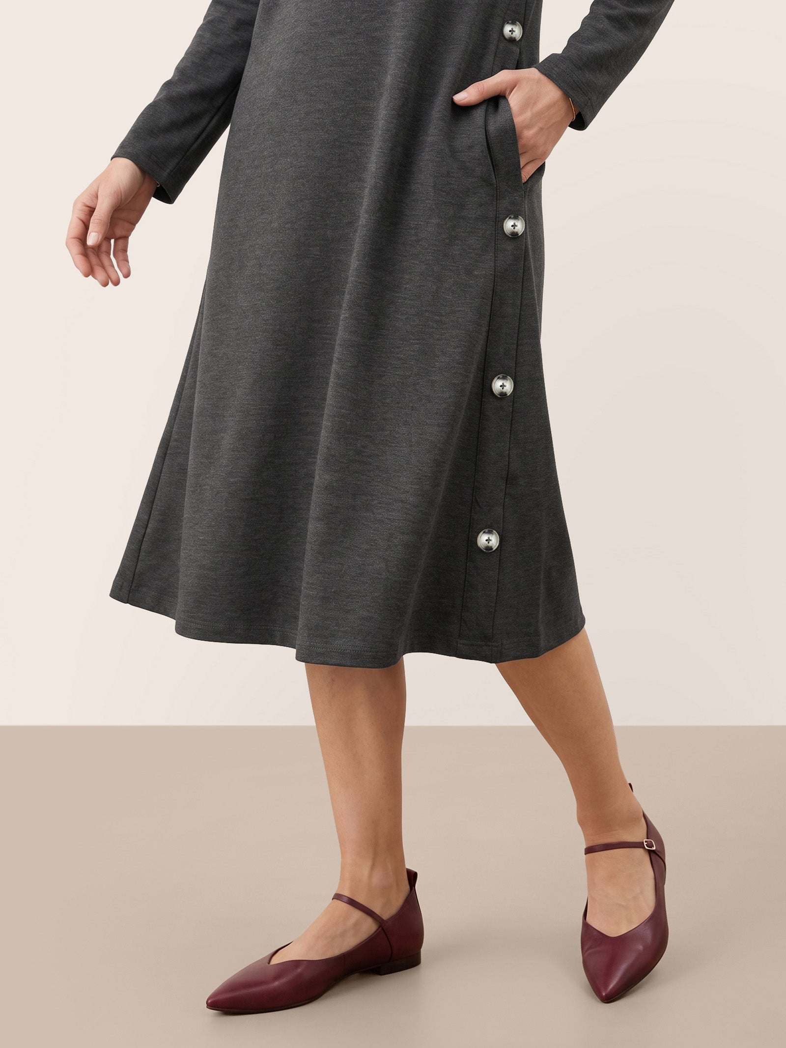 Lyocell Wool Side Button A Line Knit Midi Dress MIRENA