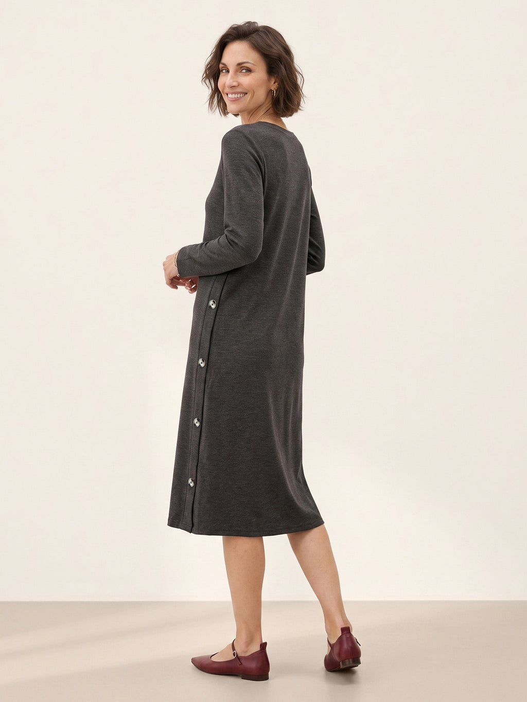 Lyocell Wool Side Button A Line Knit Midi Dress MIRENA