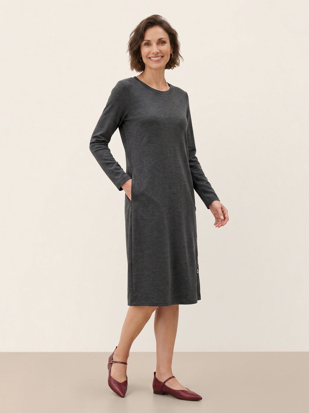 Lyocell Wool Side Button A Line Knit Midi Dress MIRENA