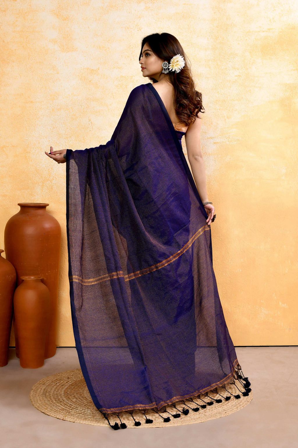 Navy Blue Embellished Cotton Blend Zari Check Handloom Saree