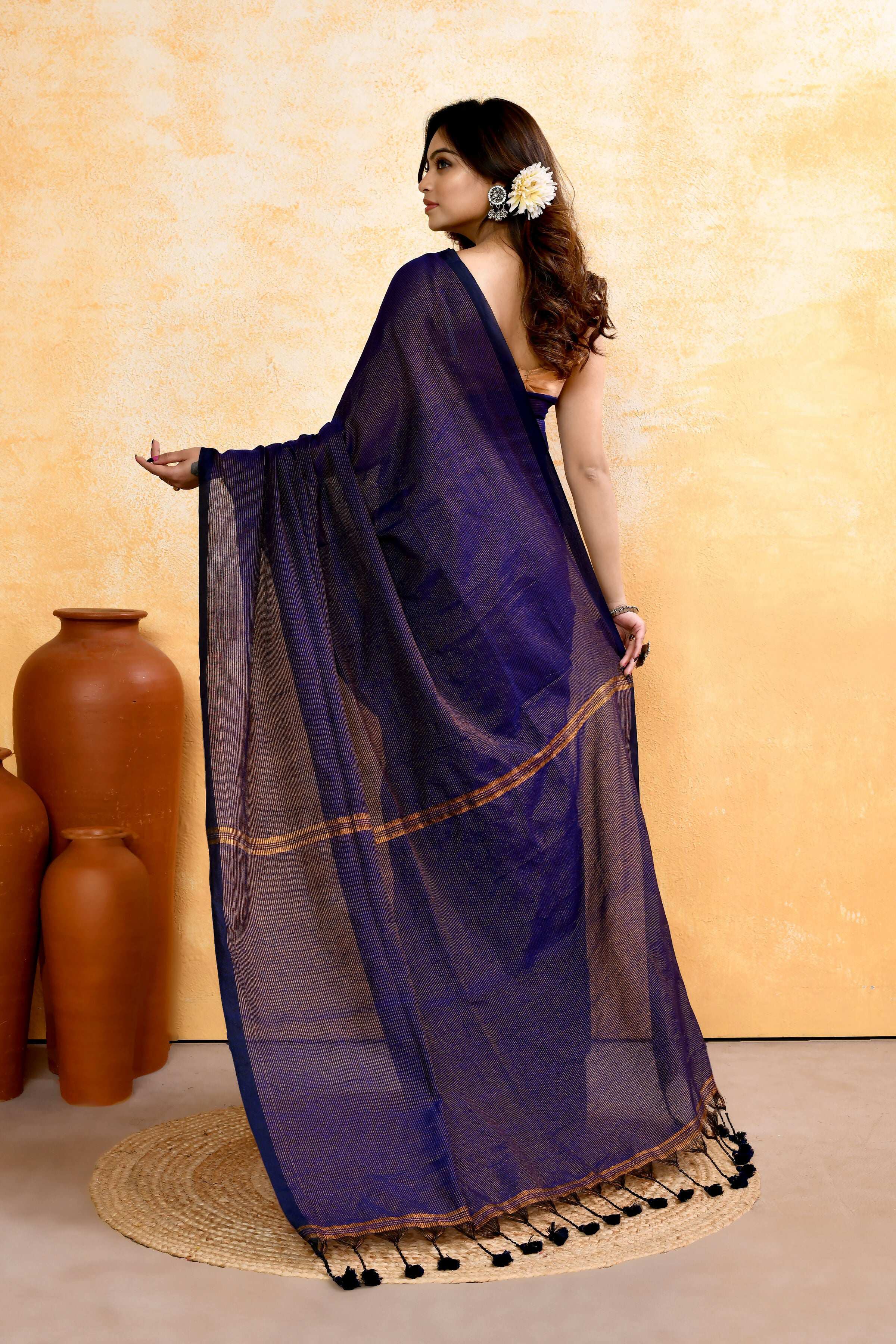 Navy Blue Embellished Cotton Blend Zari Check Handloom Saree