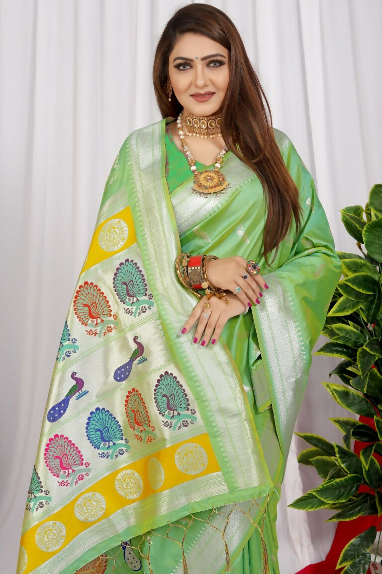 Sea Green Paithani Silk Saree with Zari Woven Border and Blouse