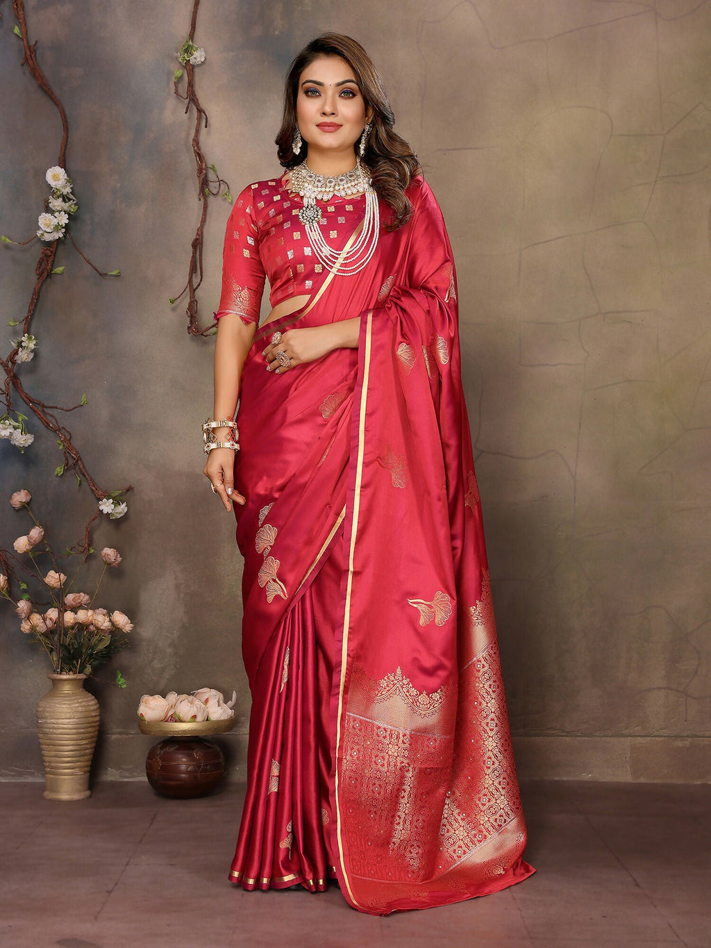 Brick Red Floral & Botanical Satin Silk Banarasi Saree