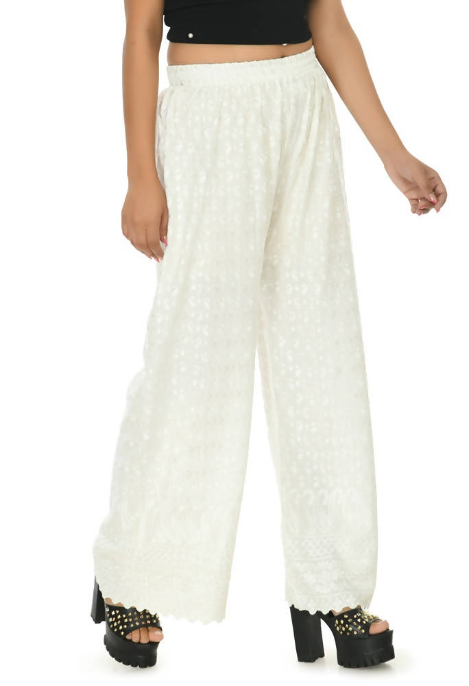 White rayon cotton palazzo pants featuring traditional Chikankari embroidery