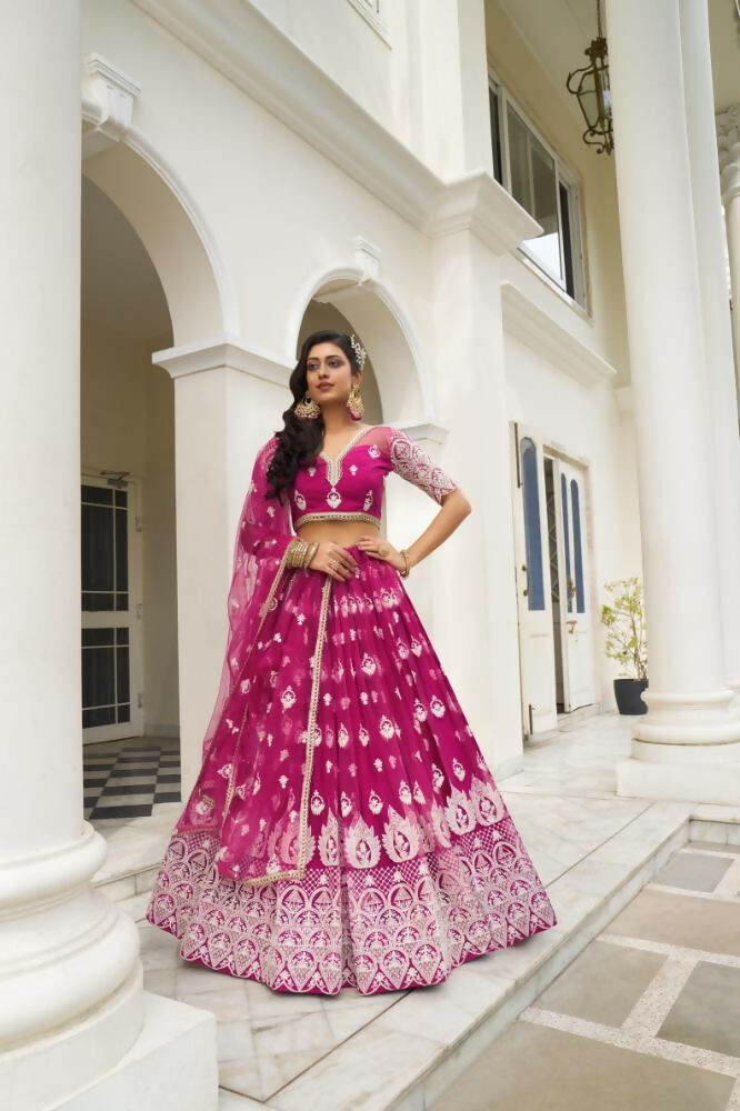 Dark pink butterfly net lehenga choli with white thread and sequence embroidery