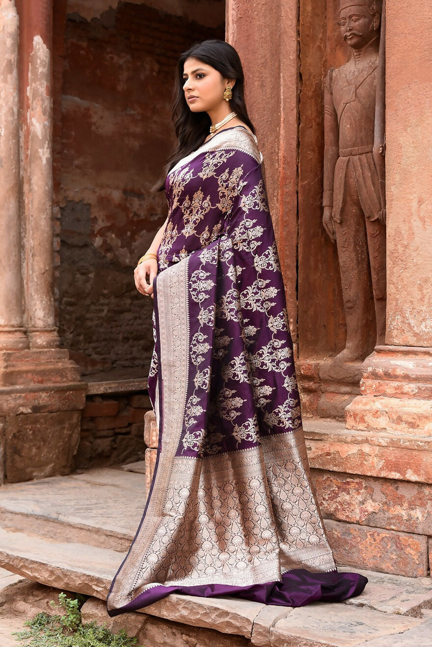 Plum Purple Pure Katan Handloom Banarasi Silk Saree