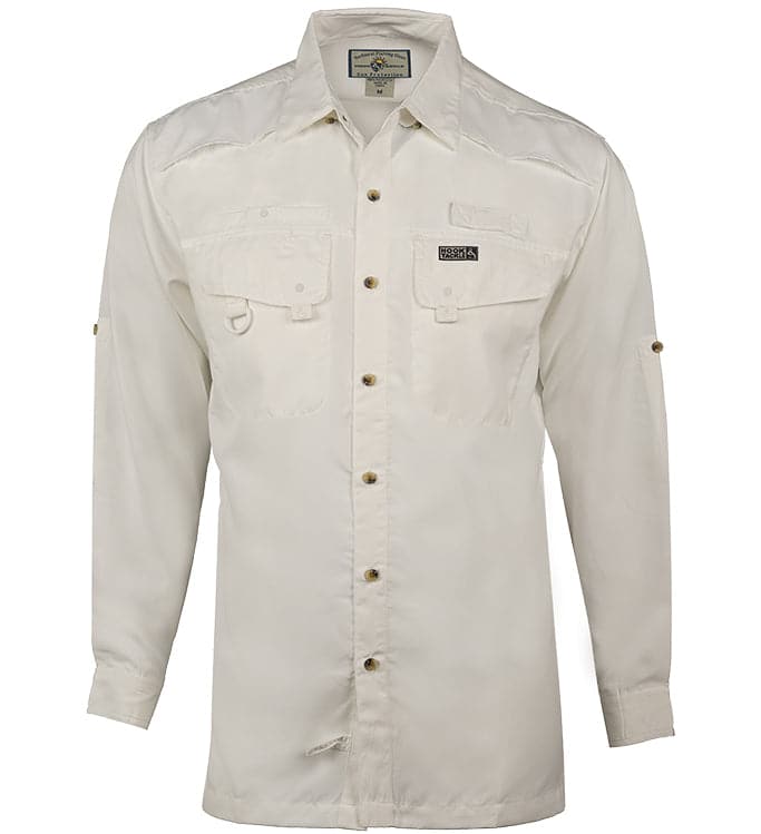 Men's Seacliff 2.0 Long Sleeve UV Vented Fishing Shirt in off-white, front and back view.