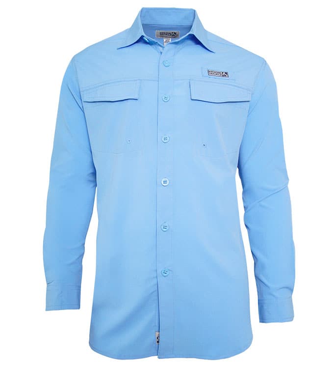 Light blue Hook & Tackle women's long sleeve fishing shirt with a collar, button-down front, dual chest pockets, and a vented back panel.