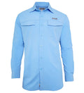 Light blue Hook & Tackle women's long sleeve fishing shirt with a collar, button-down front, dual chest pockets, and a vented back panel.