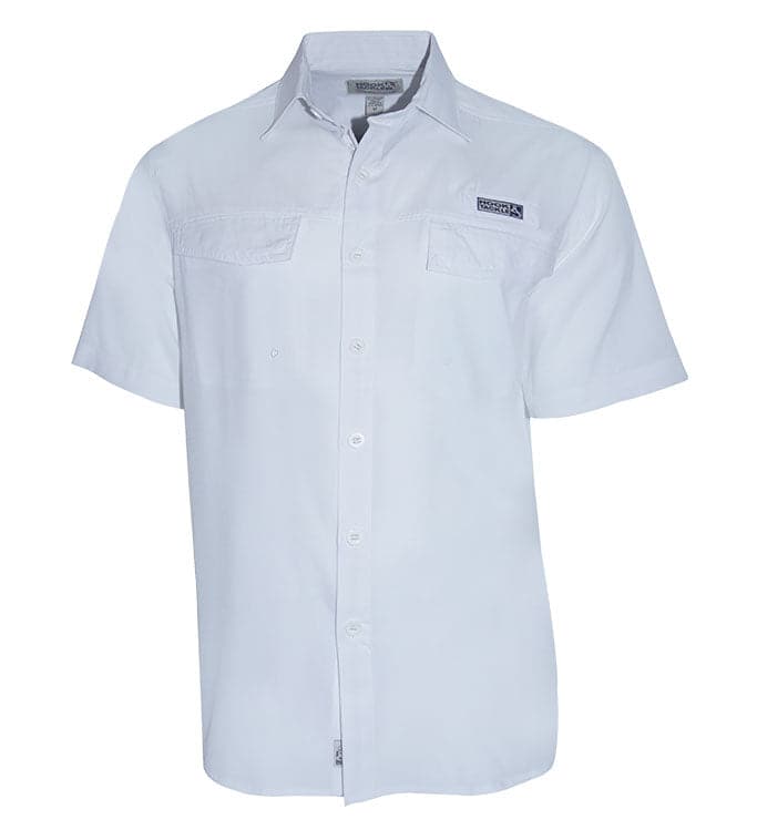 Women's white short sleeve fishing shirt with vented back panel and front pockets by Hook & Tackle