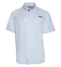 Women's white short sleeve fishing shirt with vented back panel and front pockets by Hook & Tackle