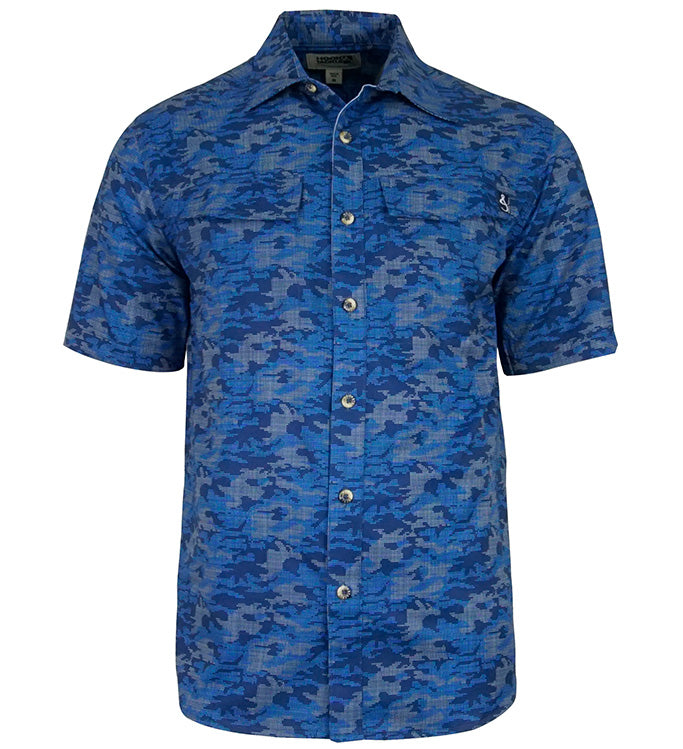 A man wearing a blue short-sleeve fishing shirt with a dot camouflage pattern, featuring a button-down collar and two chest pockets.