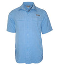 Men's blue short sleeve fishing shirt with vented sides and button-down front.
