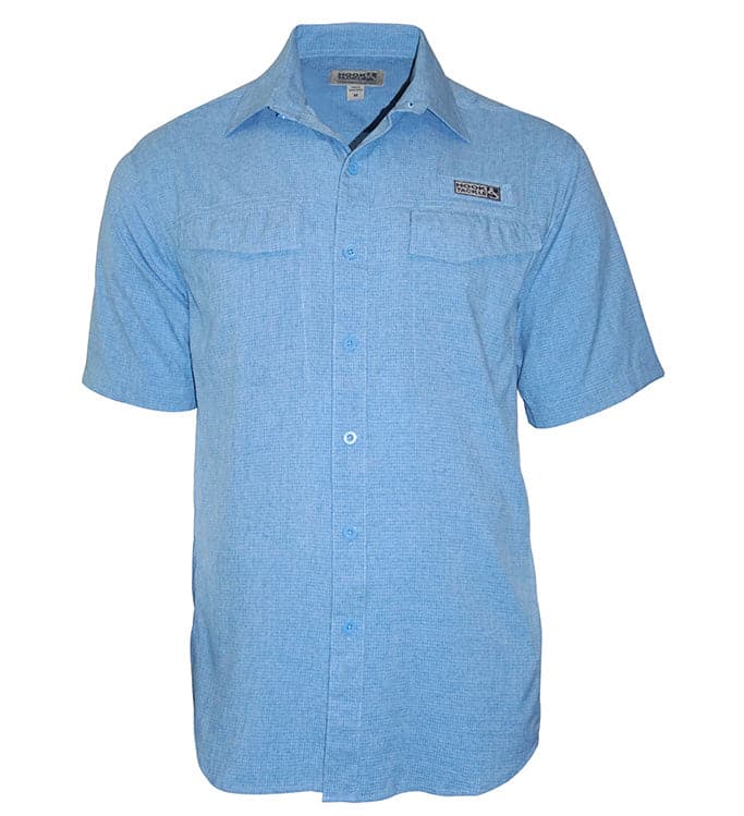 Men's blue short sleeve fishing shirt with vented sides and button-down front.