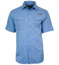 Men's blue short sleeve fishing shirt with vented back and chest pockets