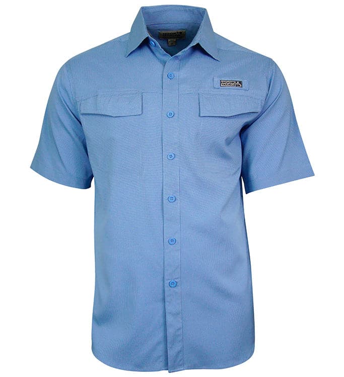 Men's blue short sleeve fishing shirt with vented back and chest pockets