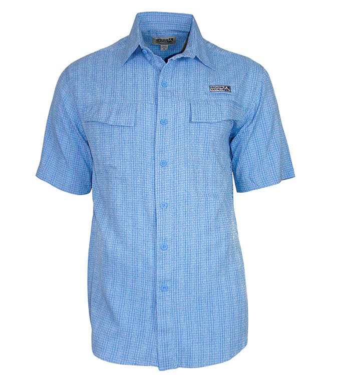 Men's blue micro-check short sleeve fishing shirt with vented side panels and back venting.