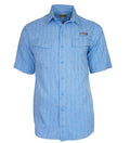 Men's blue micro-check short sleeve fishing shirt with vented side panels and back venting.
